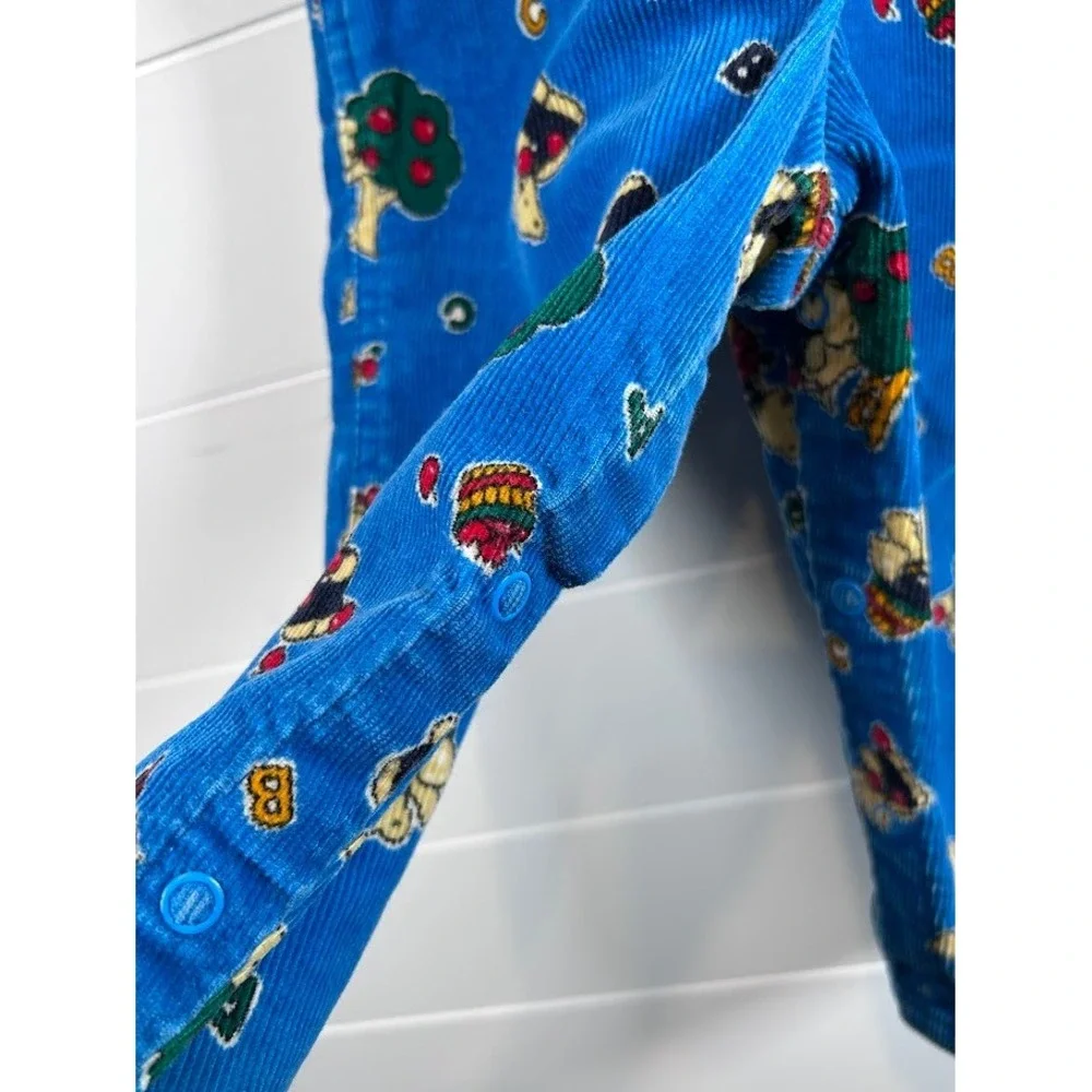 Vintage OshKosh‎ Kids Corduroy Overalls Blue Bear Tree Print Adjustable Straps